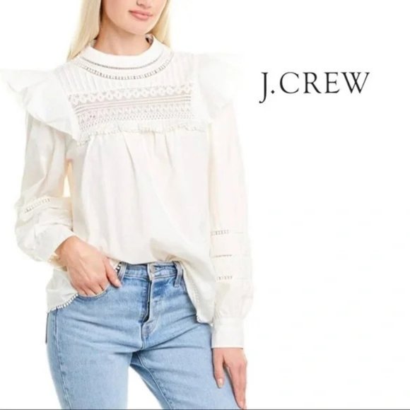 NWT J. Crew Ivory/White Crocheted Lace Ruffle Top.  SZ XS - Picture 3 of 6